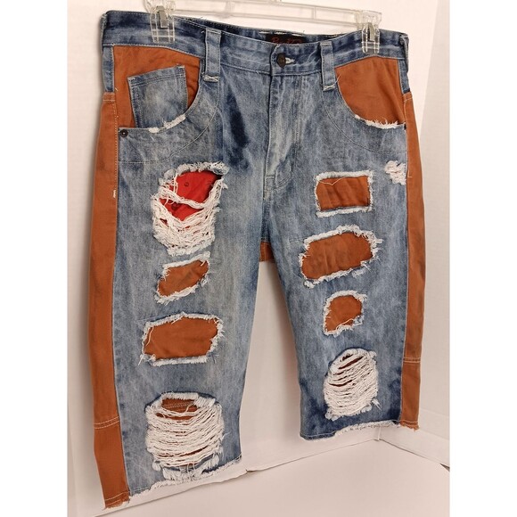 Vtg Y2K Shorts Jorts 36 Denim Acid Wash Loose Skater Grunge HipHop Distressed - Picture 2 of 12